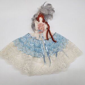 Hand Made Victorian Wall Hanging Doll Lace Feathers Beads Yarn Shabby Chic 18"